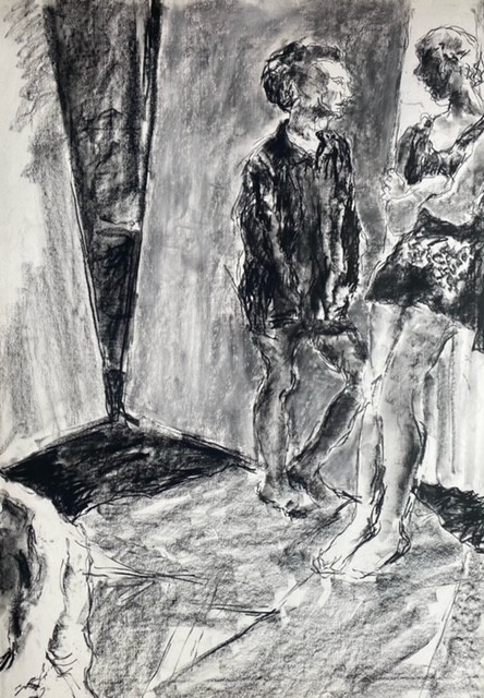 Couple by window, compressed charcoal on paper